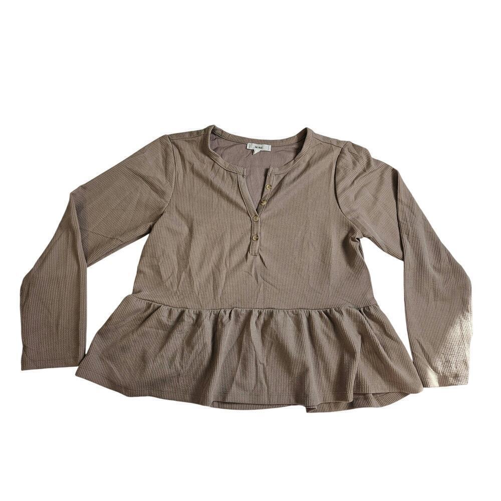MINE Peplum Tan Medium Womens Top Long Sleeve Ribbed
